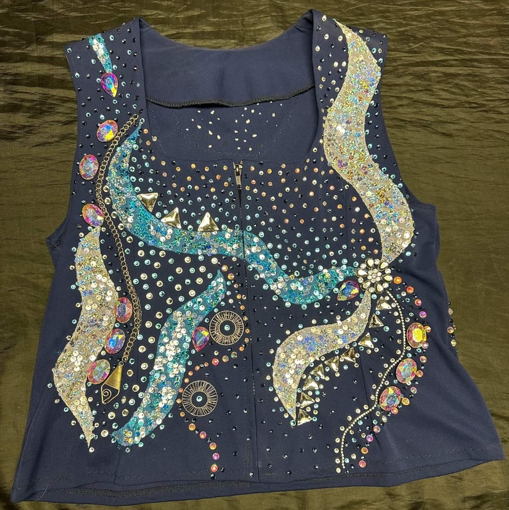 Blue zip up vest with crystals